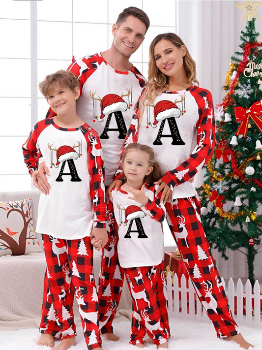 Stacey B's Christmas Parent-Child Pajama Set Santa Hat Alphabet Printed Loungewear (A-Z letters are optional)