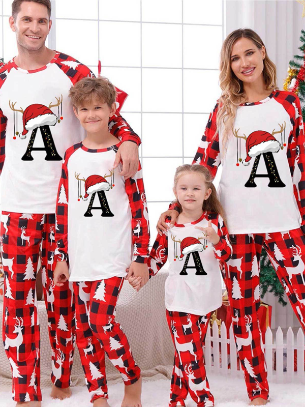 Stacey B's Christmas Parent-Child Pajama Set Santa Hat Alphabet Printed Loungewear (A-Z letters are optional)