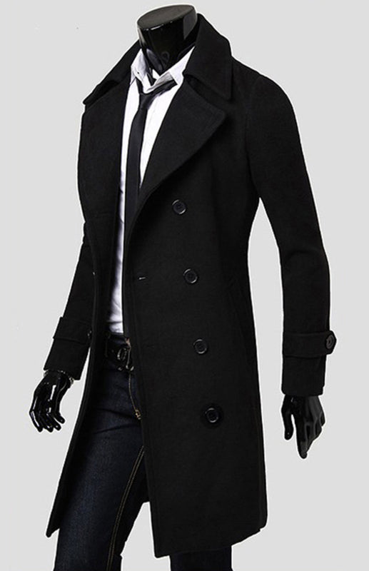 Stacey B's Men's Double Breasted Lengthened Simple Wool Coat