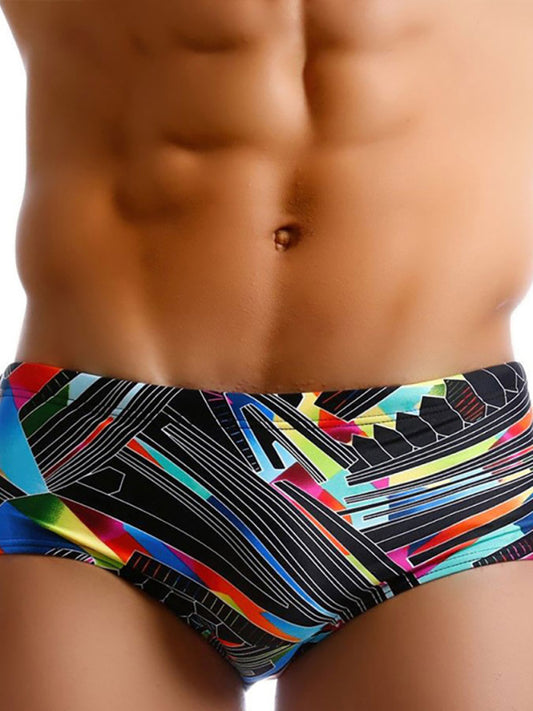 Stacey B' s Men's Colorful Lines Geometric Irregular Print Boxer Swim Shorts