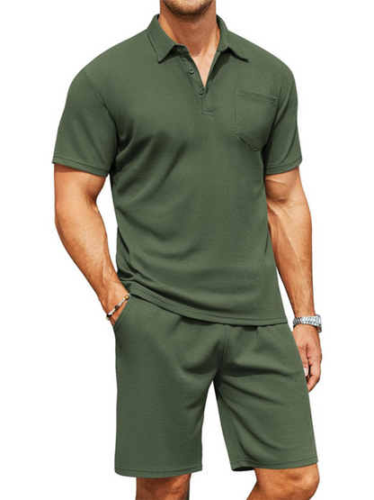 Stacey B's  Men's lapel polo shirt short-sleeved T-shirt pocket decoration shorts two-piece set