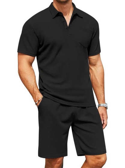 Stacey B's  Men's lapel polo shirt short-sleeved T-shirt pocket decoration shorts two-piece set