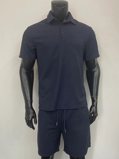 Stacey B's  Men's lapel polo shirt short-sleeved T-shirt pocket decoration shorts two-piece set