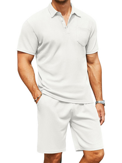 Stacey B's  Men's lapel polo shirt short-sleeved T-shirt pocket decoration shorts two-piece set