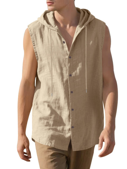 Stacey B's Men's Casual Sleeveless Waistcoat Shirt Linen Hooded Solid Color Breathable Loose Top
