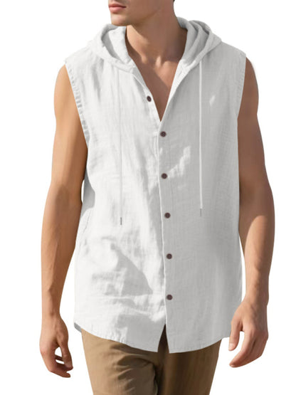 Stacey B's Men's Casual Sleeveless Waistcoat Shirt Linen Hooded Solid Color Breathable Loose Top