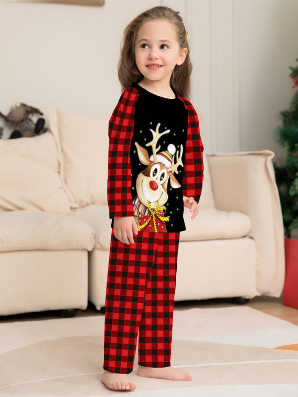 Stacey B's Cartoon deer plaid Christmas parent-child printed housewear pajamas