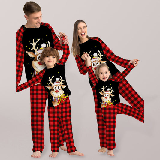 Stacey B's Cartoon deer plaid Christmas parent-child printed housewear pajamas