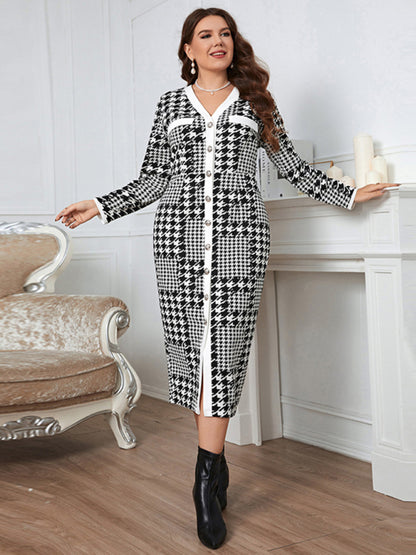 Stacey B's Plus-size slim-fit hip-packed long high-quality plaid midi dress