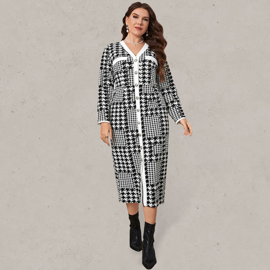 Stacey B's Plus-size slim-fit hip-packed long high-quality plaid midi dress