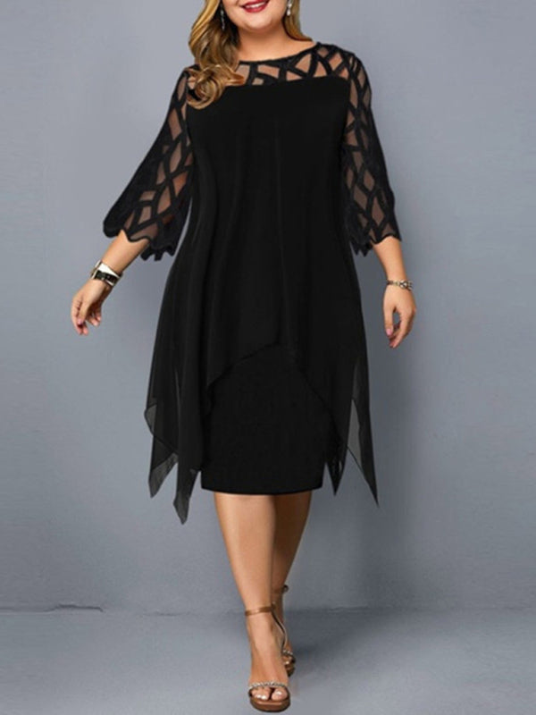 Stacey B's Women's Lace Stitching Three-quarter Sleeve Irregular Hem Chiffon Dress