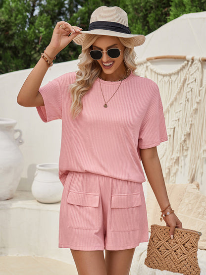Stacey B's Loose round neck solid color short sleeve top and shorts suit