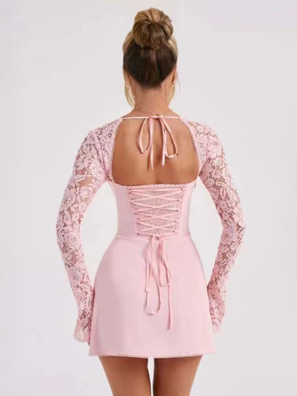 Stacey B's Women's Sexy Lace Slim Fit Backless French Long Sleeve Dress