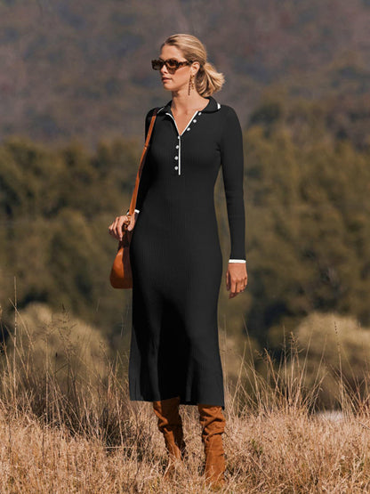 Stacey B's New fashionable lapel knitted slim fit hip-hugging long-sleeved dress