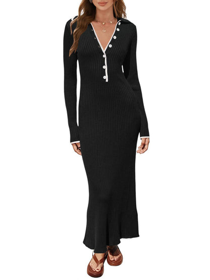 Stacey B's New fashionable lapel knitted slim fit hip-hugging long-sleeved dress