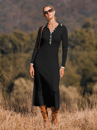Stacey B's New fashionable lapel knitted slim fit hip-hugging long-sleeved dress