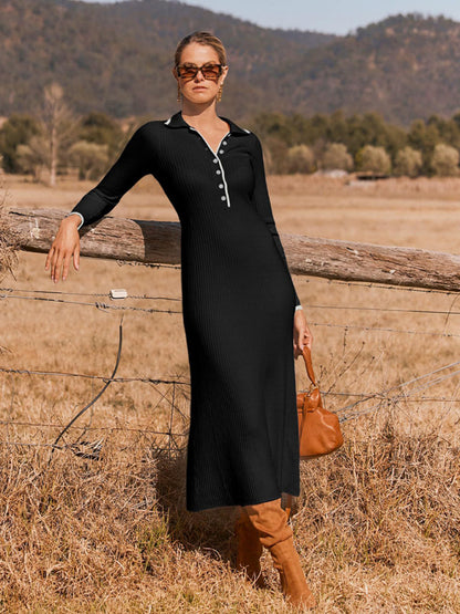 Stacey B's New fashionable lapel knitted slim fit hip-hugging long-sleeved dress