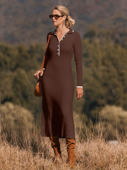 Stacey B's New fashionable lapel knitted slim fit hip-hugging long-sleeved dress