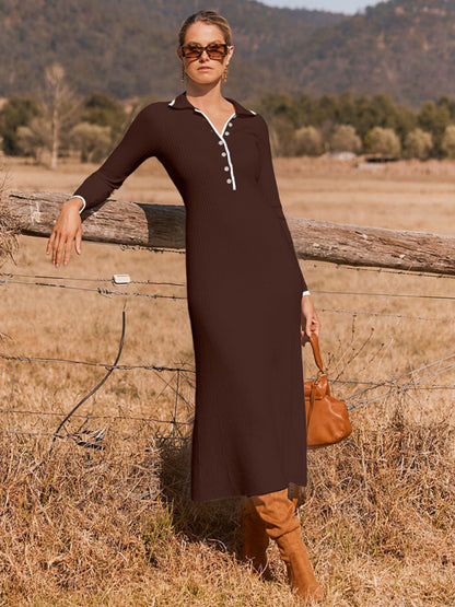 Stacey B's New fashionable lapel knitted slim fit hip-hugging long-sleeved dress