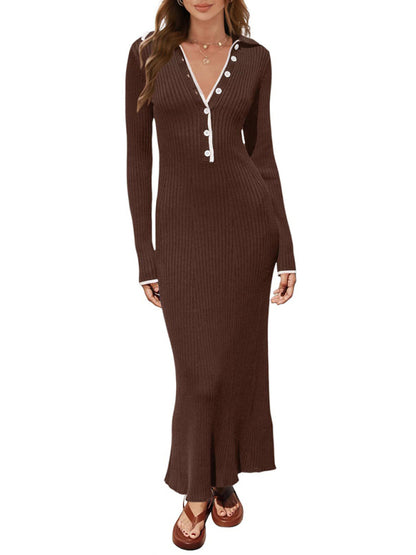Stacey B's New fashionable lapel knitted slim fit hip-hugging long-sleeved dress