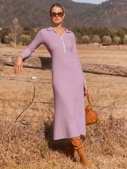 Stacey B's New fashionable lapel knitted slim fit hip-hugging long-sleeved dress