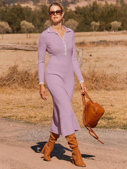 Stacey B's New fashionable lapel knitted slim fit hip-hugging long-sleeved dress