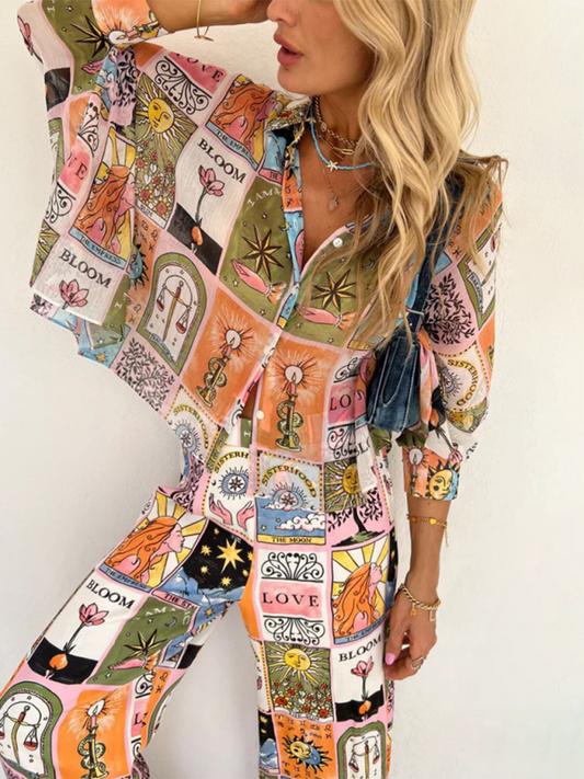 Stacey B's New bat sleeve printed loose suit casual home trousers two-piece set