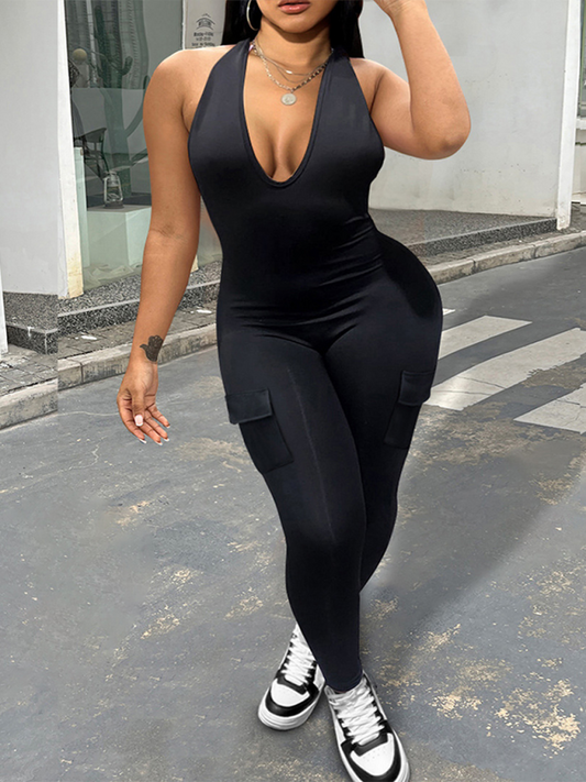 Stacey B's New women's sexy backless halter neck V-neck with pockets hip-lifting sports jumpsuit
