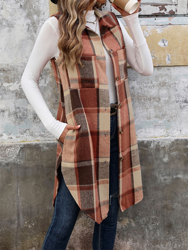 Stacey B's Sleeveless Lapel Cardigan Jacket Retro Mid-Length Plaid Vest