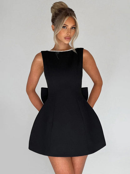 Stacey B's Women's Pearl Bow Fashion Slim Short Skirt Back Hot Girl A-Line Dress