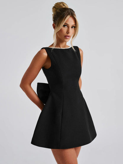 Stacey B's Women's Pearl Bow Fashion Slim Short Skirt Back Hot Girl A-Line Dress