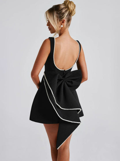 Stacey B's Women's Pearl Bow Fashion Slim Short Skirt Back Hot Girl A-Line Dress