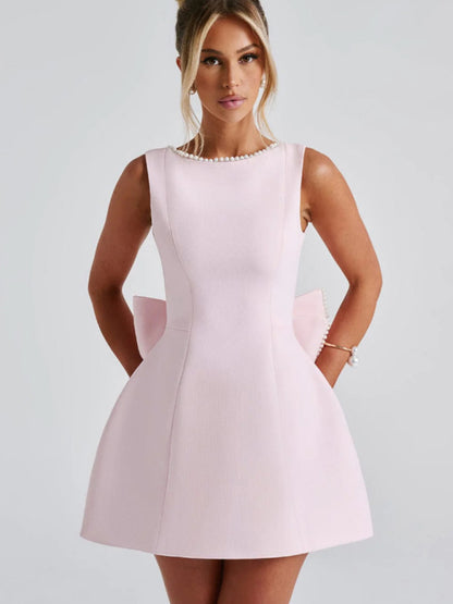 Stacey B's Women's Pearl Bow Fashion Slim Short Skirt Back Hot Girl A-Line Dress