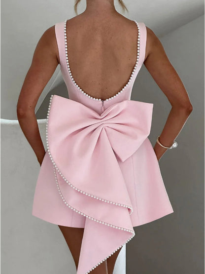 Stacey B's Women's Pearl Bow Fashion Slim Short Skirt Back Hot Girl A-Line Dress
