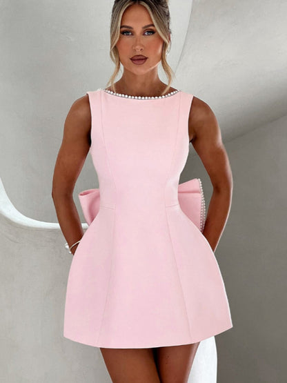 Stacey B's Women's Pearl Bow Fashion Slim Short Skirt Back Hot Girl A-Line Dress
