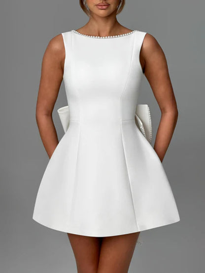 Stacey B's Women's Pearl Bow Fashion Slim Short Skirt Back Hot Girl A-Line Dress