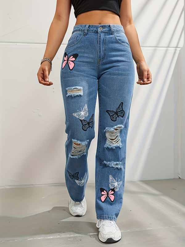 Stacey B's Butterfly Printed Ripped Fashion Straight High Waist Contrast Denim Pants