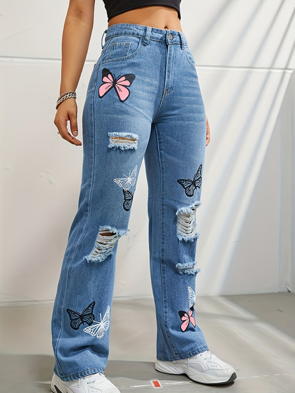 Stacey B's Butterfly Printed Ripped Fashion Straight High Waist Contrast Denim Pants