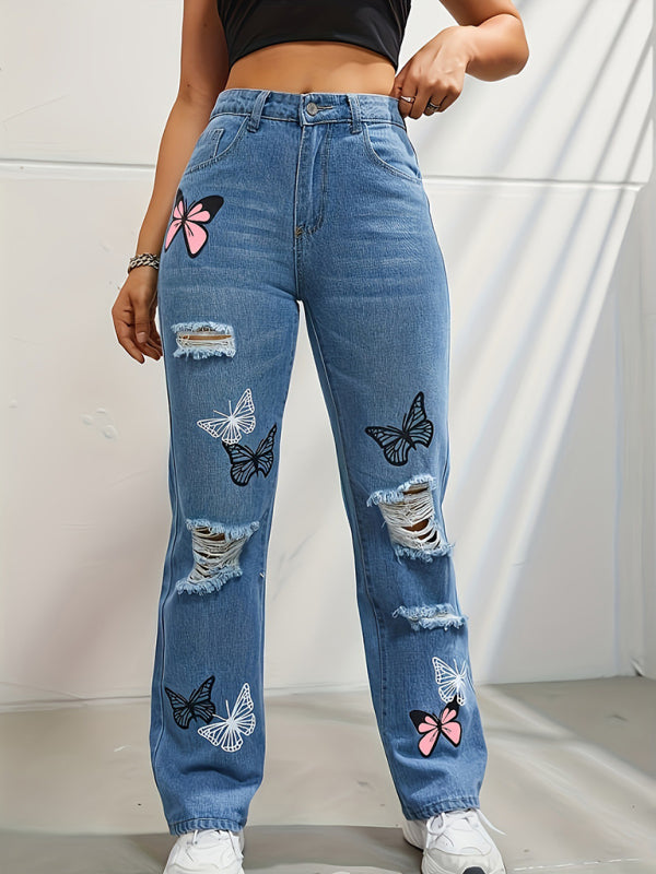 Stacey B's Butterfly Printed Ripped Fashion Straight High Waist Contrast Denim Pants