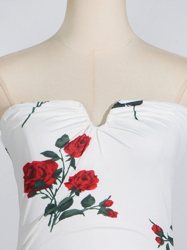 Stacey B's New Year Christmas new three-dimensional fishbone slim tube top dress rose print pleated design dress