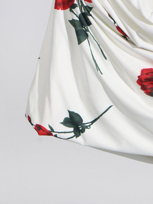 Stacey B's New Year Christmas new three-dimensional fishbone slim tube top dress rose print pleated design dress