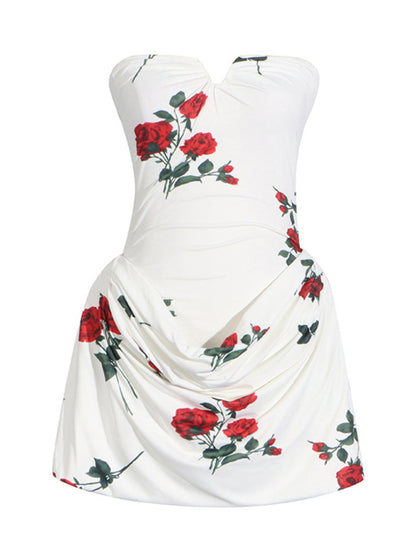 Stacey B's New Year Christmas new three-dimensional fishbone slim tube top dress rose print pleated design dress