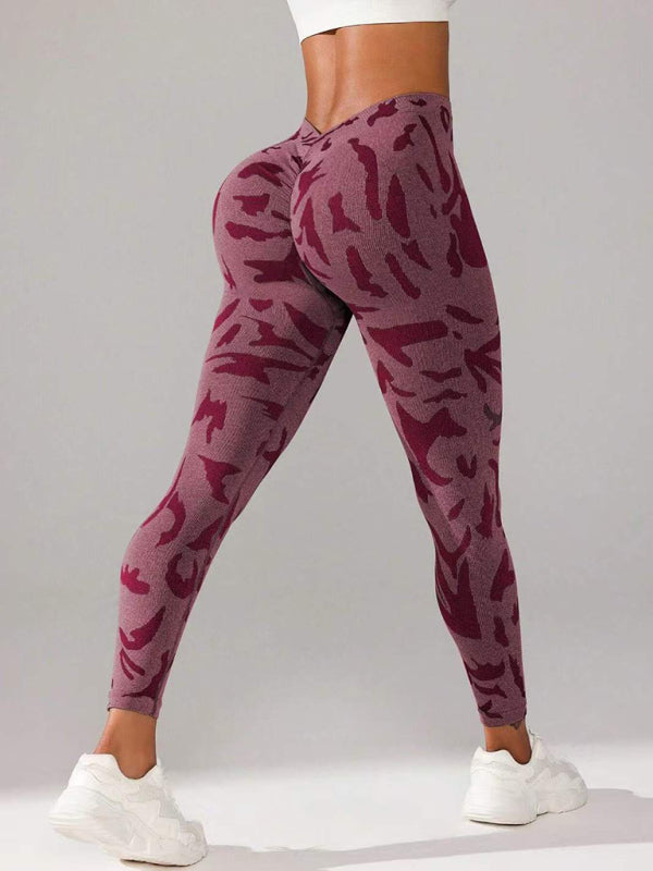 Stacey B's V waist camouflage peach hip sports trousers seamless yoga pants waisted fitness pants