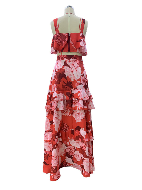 Stacey B's Fashionable holiday style camisole top with printed ruffle skirt two-piece set