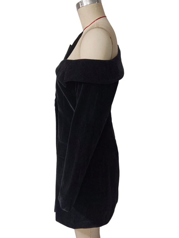 Stacey B's Gold Velvet Retro Suit Skirt Long Sleeve Slim Jacket Dress