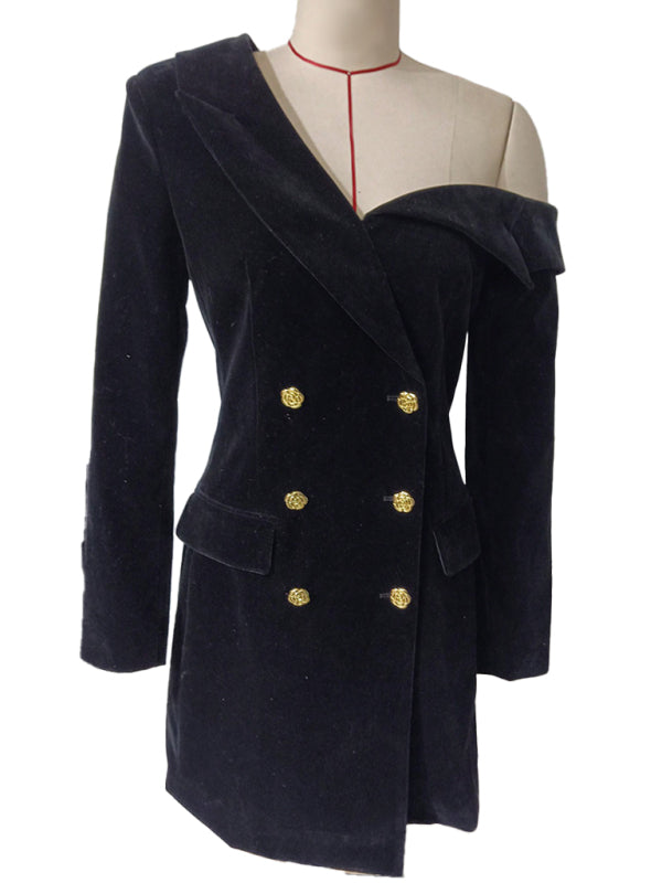 Stacey B's Gold Velvet Retro Suit Skirt Long Sleeve Slim Jacket Dress