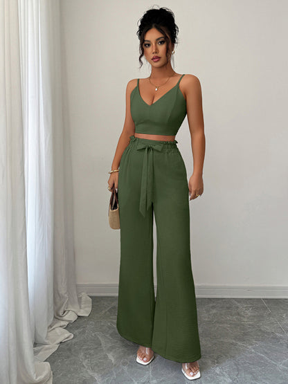 Stacey B's  Army Green Suspender Vest Wide Leg Pants Two-Piece Set