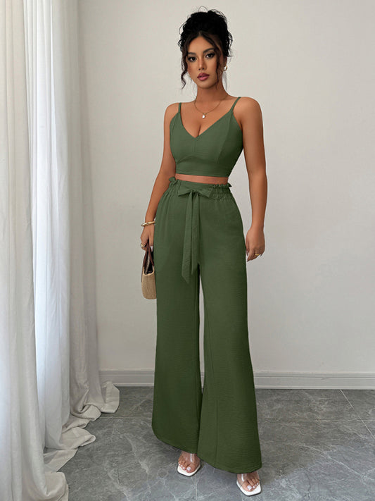 Stacey B's  Army Green Suspender Vest Wide Leg Pants Two-Piece Set
