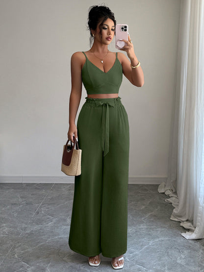 Stacey B's  Army Green Suspender Vest Wide Leg Pants Two-Piece Set