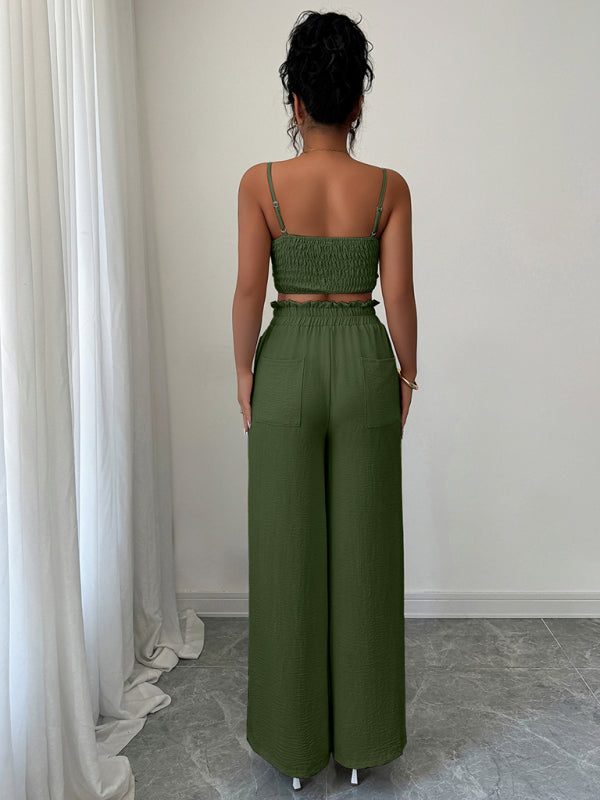 Stacey B's  Army Green Suspender Vest Wide Leg Pants Two-Piece Set